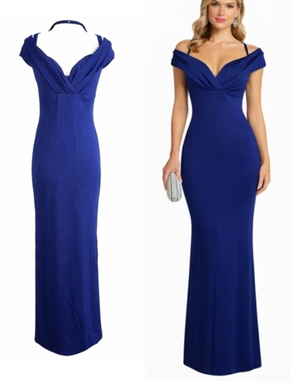 Nookie Athena Off Shoulder Navy Maxi Gown Back Slit Formal Evening Dress S